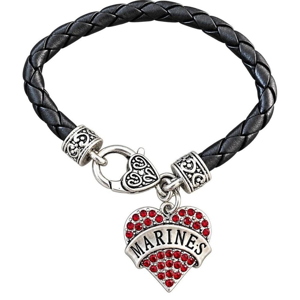 Marines Bracelet Braided Black Faux Leather Red Rhinestone Heart Charm Silver